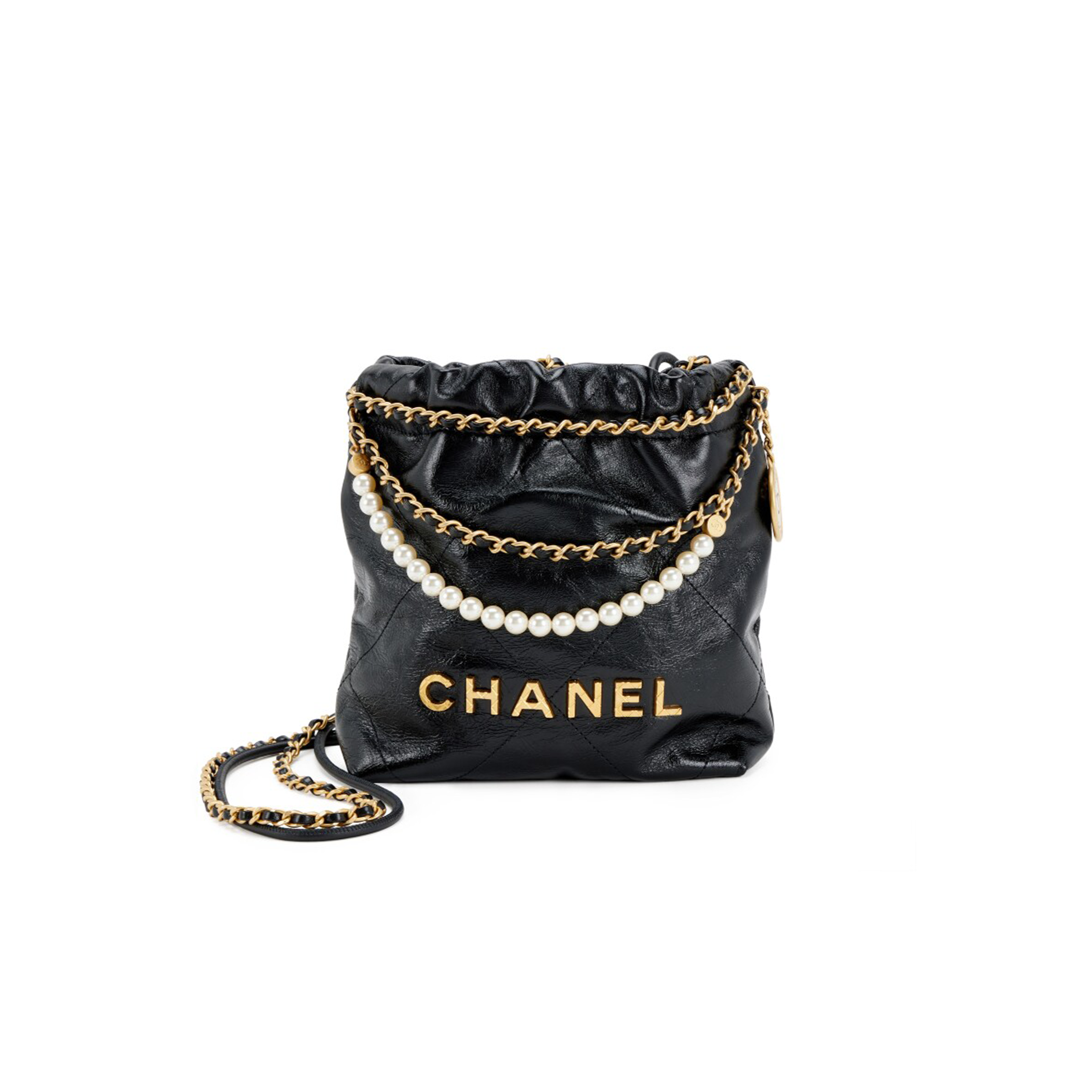 CHANEL MASTER SHINY CRUMPLED CALFSKIN QUILTED PEARL MINI CHANEL 22 BLACK AS3980 (20*19*6cm)